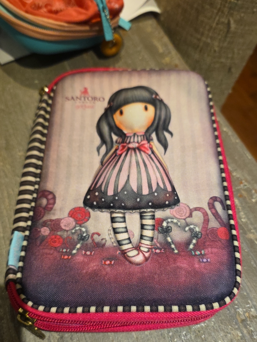 Gorjuss Pink Girls' Zip Pouch - Striped Design Pencil Case